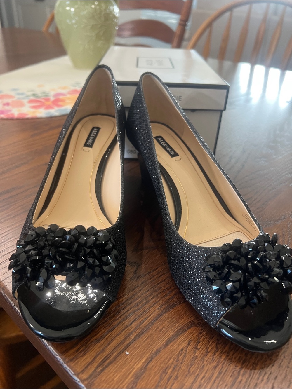 Alex Marie Black Glitter & Patent Embellished wedge shoes